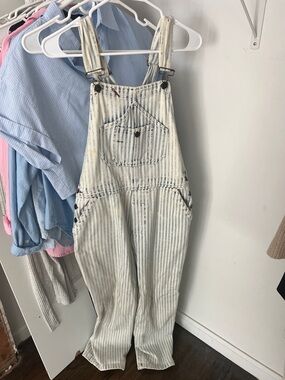 Faherty Striped Painter-Style Overalls in Cream & Blue